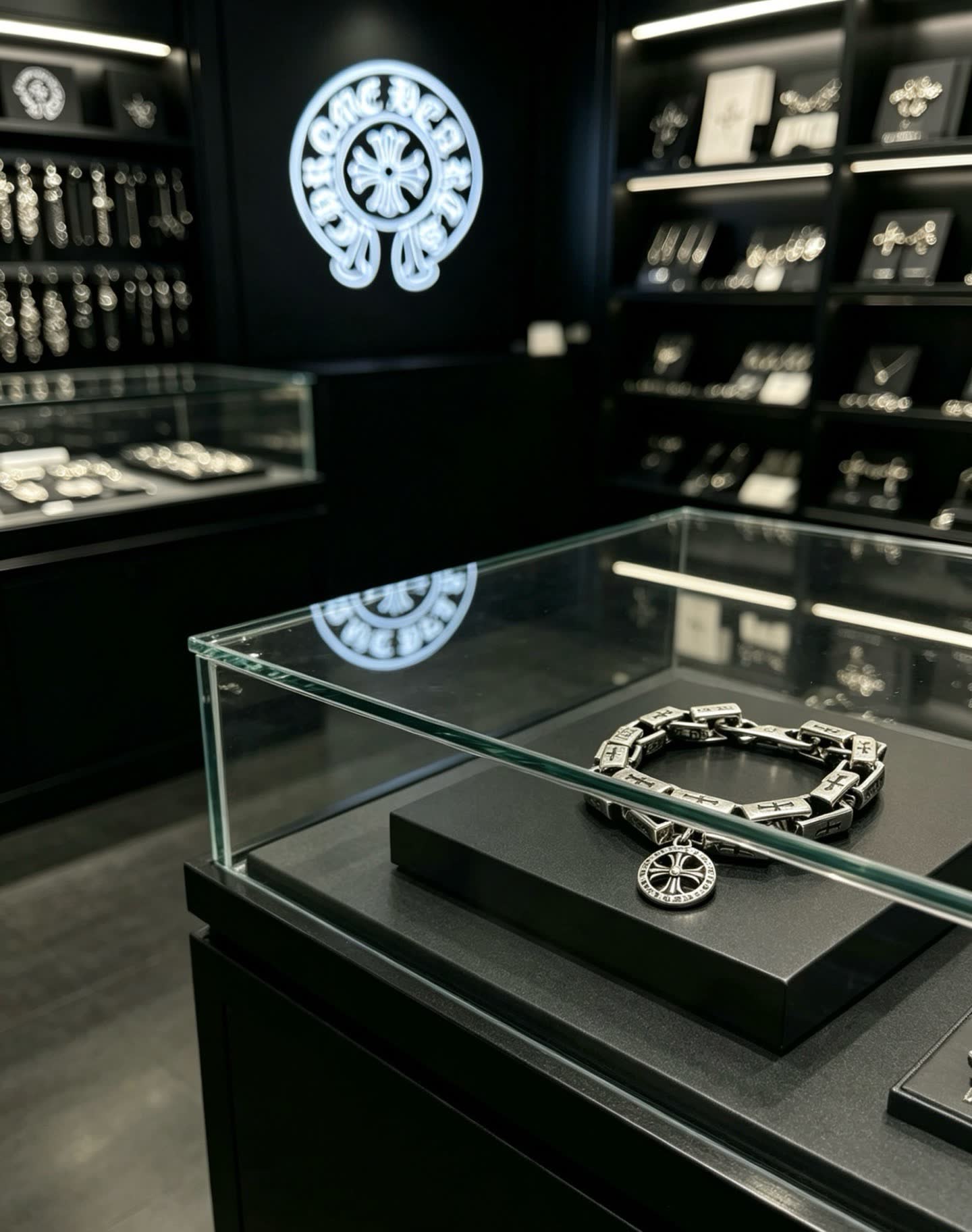 Chrome Hearts Silver Bracelet with Crosses and Wheel Charm
